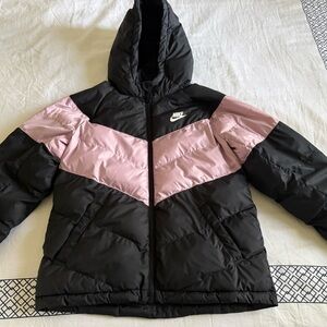 Nike Kids Black and Pink Hooded Chevron Puffer Jacket